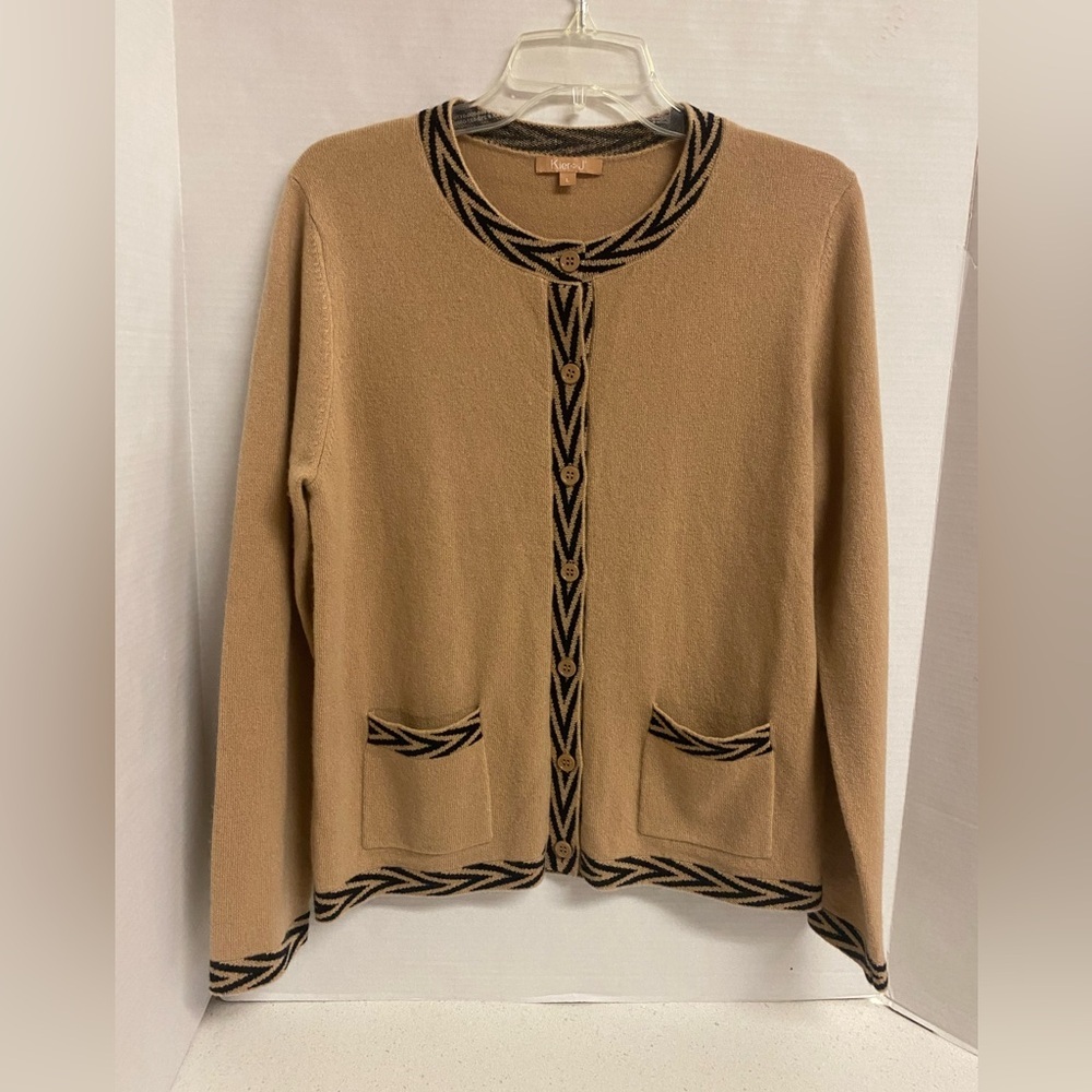 KIER + J Camel Cashmere Cardigan with Black Trim